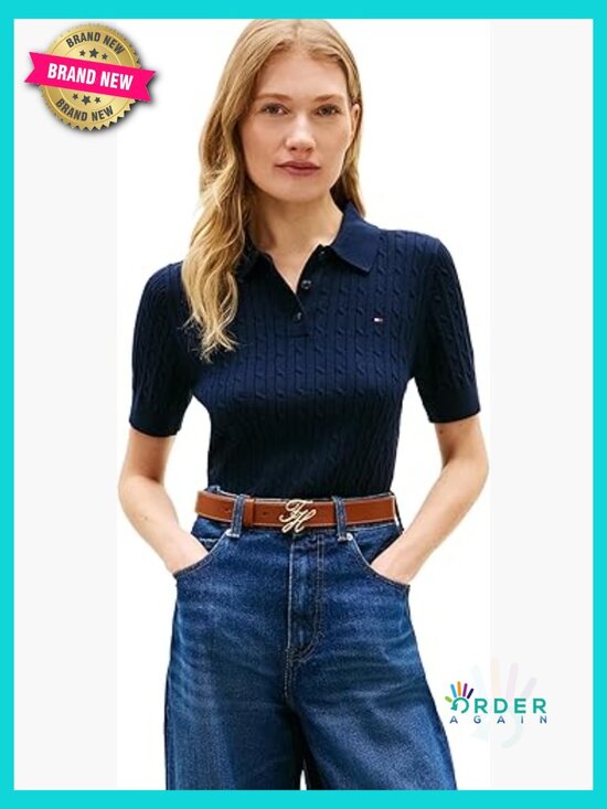 Sweaters - Short Sleeve Cable Knit Polo Sweater V Neck Preppy Classic